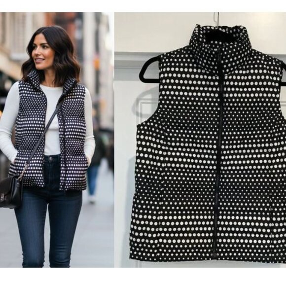 Talbots Petites Black & White Polka Dot Feather-Filled Puffer Vest, Size SP - Picture 1 of 7